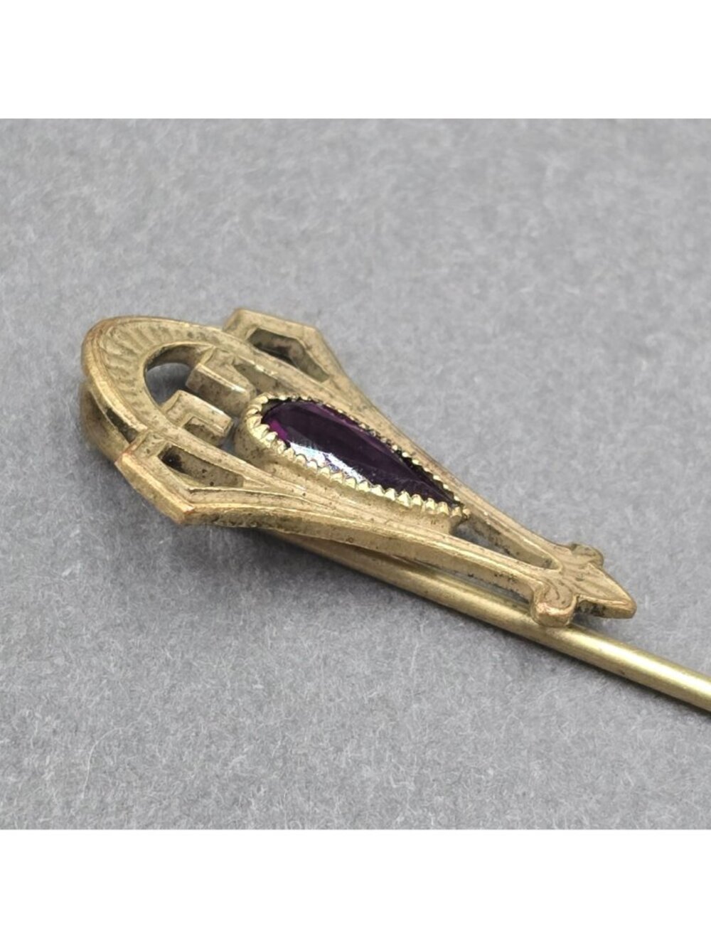 Vintage Art Deco Gold Tone Purple Glass Stick Pin 3" Geometric Lapel Tie - Picture 3 of 10